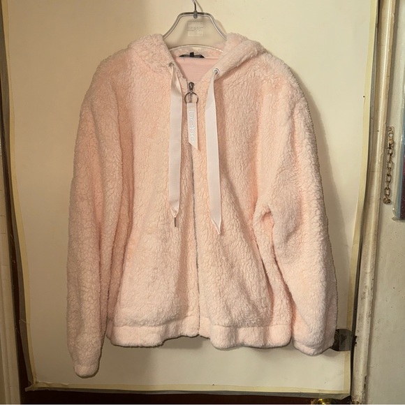 Bebe pink logo Sherpa jacket with hoodie women’s size Large - Picture 11 of 12